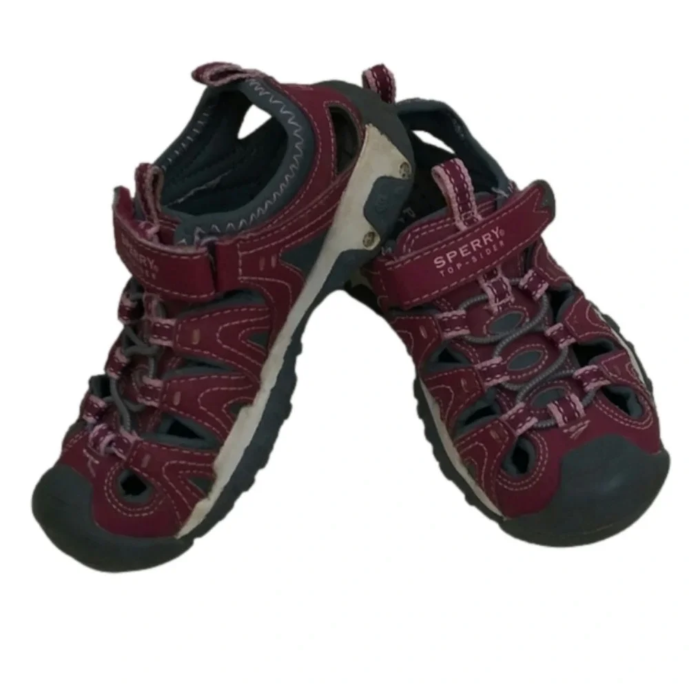 Sperry Wet Tech Fish Youth Burgundy Leather Round Toe Bungee Loop Hook Sandals